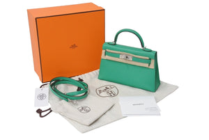 未使用 エルメス HERMES U刻印 ミニケリー2 ヴェールジェイド グリーン シェーブル 外縫 2WAY ショルダーバッグ 中古 66636