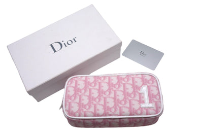 Christian Dior クリスチャンディオール ポーチ 化粧ポーチ トロッター柄 総柄 ピンク ホワイト シルバー金具 美品 中古 66699