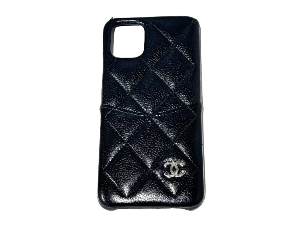 CHANEL シャネル iPhone 11 スマホケース 30番台 ブラック キャビアスキン マトラッセ シルバー金具 小物 中古 66754