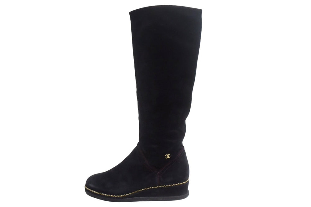 CHANEL long boots size 35 1/2 here mark chain G31295 black suede leather good condition used 66779