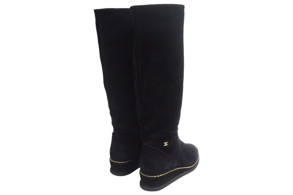 CHANEL long boots size 35 1/2 here mark chain G31295 black suede leather good condition used 66779