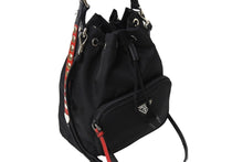 画像をギャラリービューアに読み込む, PRADA プラダ 巾着ショルダーバッグ スタッズ 1BH038 イタリア製 ナイロン レザー ブラック レッド シルバー 美品 中古 66815