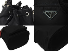 画像をギャラリービューアに読み込む, PRADA プラダ 巾着ショルダーバッグ スタッズ 1BH038 イタリア製 ナイロン レザー ブラック レッド シルバー 美品 中古 66815