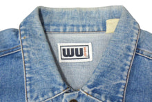 画像をギャラリービューアに読み込む, Wu-Tang Clan WU WEAR ウーウェア デニムジャケット ロゴ刺繍 インディゴブルー レッド ホワイト コットン 美品 中古 66901