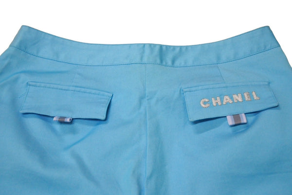 極美品 CHANEL シャネル パンツ サイズ10 ココマーク ブランドロゴ ロゴボタン IDENTIFICATION ブルー 刺繍 中古 66944