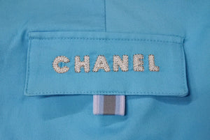 極美品 CHANEL シャネル パンツ サイズ10 ココマーク ブランドロゴ ロゴボタン IDENTIFICATION ブルー 刺繍 中古 66944