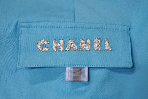 極美品 CHANEL シャネル パンツ サイズ10 ココマーク ブランドロゴ ロゴボタン IDENTIFICATION ブルー 刺繍 中古 66944