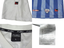 Load image into Gallery viewer, FUBU フブ ホッケー半袖Ｔシャツ 05 ボーダー メッシュ ポリエステル ホワイト ブルー サイズL 美品 中古 66997