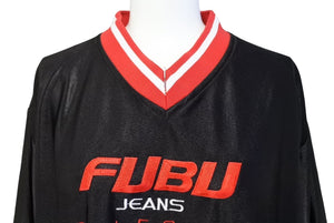 FUBU JEANS COLLECTION フブ ゲームシャツ ヴィンテージ サイズL ポリエステル ブラック ホワイト レッド 良品 中古 67122