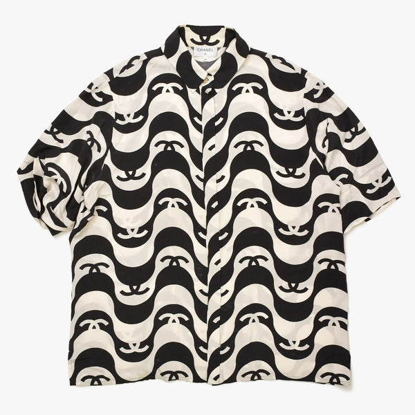 CHANEL シャネル ココマーク ウェーブ シルク半袖シャツ P70211 モノトーン 50サイズ ブラック アイボリー 2021SS シルク 美品 中古 4a006720