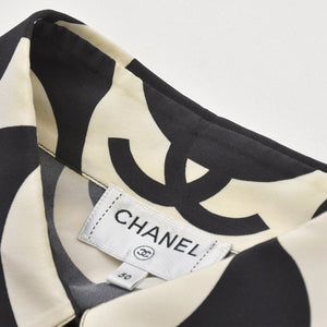 CHANEL シャネル ココマーク ウェーブ シルク半袖シャツ P70211 モノトーン 50サイズ ブラック アイボリー 2021SS シルク 美品 中古 4a006720