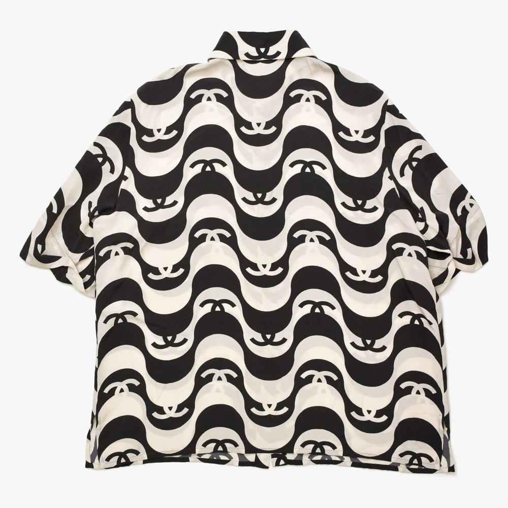 CHANEL シャネル ココマーク ウェーブ シルク半袖シャツ P70211 モノトーン 50サイズ ブラック アイボリー 2021SS シルク 美品 中古 4a006720