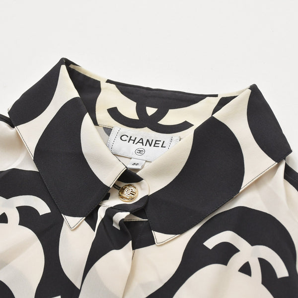 CHANEL シャネル ココマーク ウェーブ シルク半袖シャツ P70211 モノトーン 50サイズ ブラック アイボリー 2021SS シルク 美品 中古 4a006720