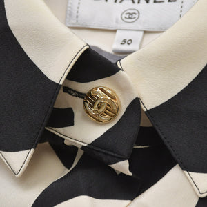 CHANEL シャネル ココマーク ウェーブ シルク半袖シャツ P70211 モノトーン 50サイズ ブラック アイボリー 2021SS シルク 美品 中古 4a006720