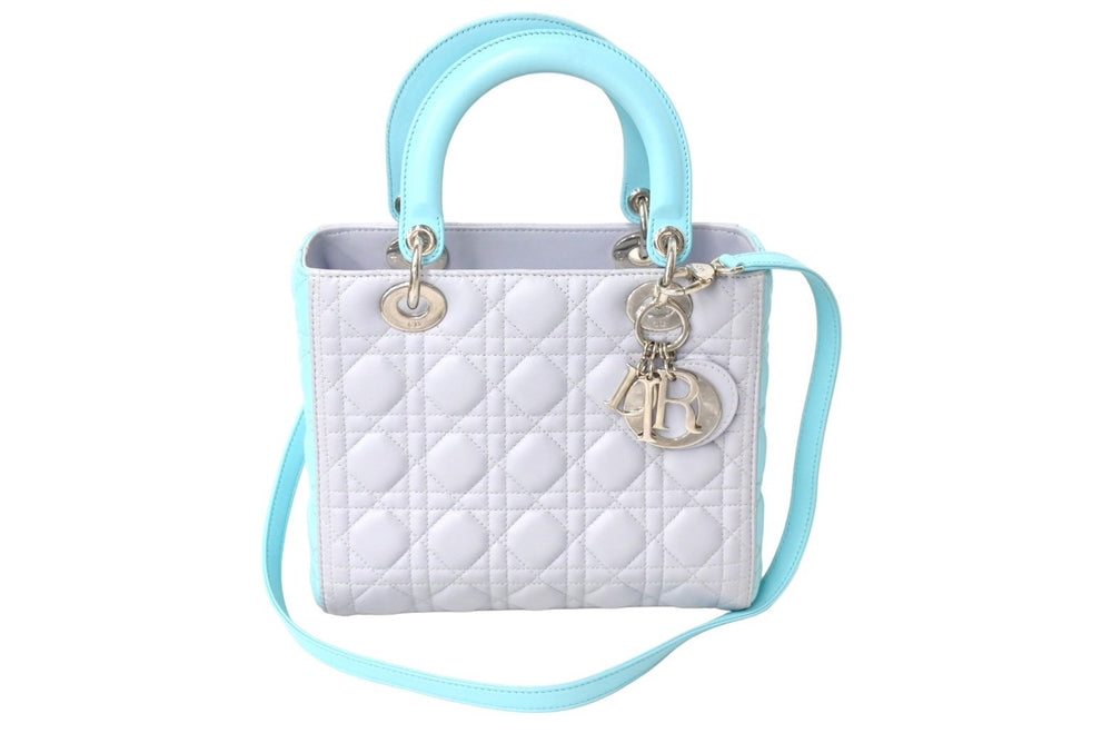 Very Good Condition Christian Dior Lady Dior Cannage 2WAY Handbag Medium Gray Used 67363