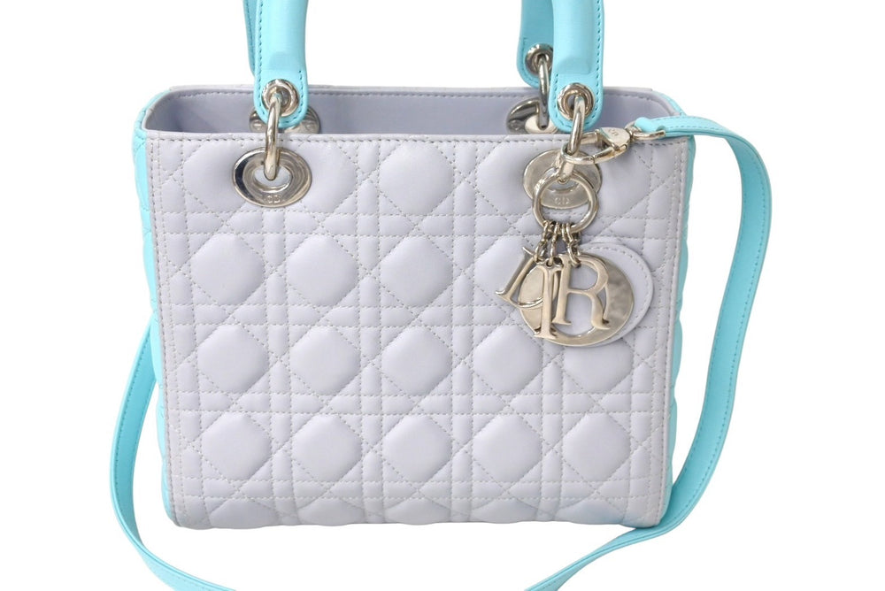 Very Good Condition Christian Dior Lady Dior Cannage 2WAY Handbag Medium Gray Used 67363