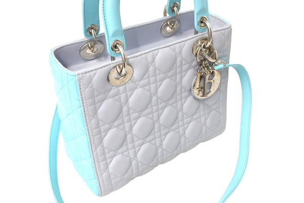 Very Good Condition Christian Dior Lady Dior Cannage 2WAY Handbag Medium Gray Used 67363