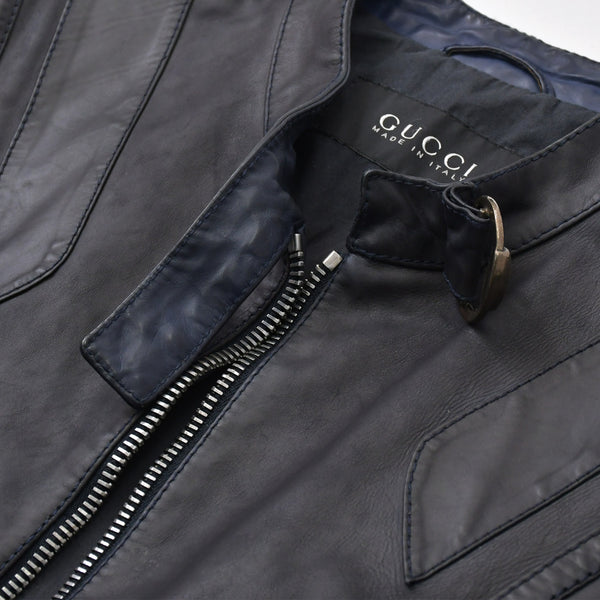 極美品 GUCCI グッチ シングルライダースジャケット スタンド 切替デザイン イタリア製 レザー ブラック シルバー金具 サイズ46 中古 4a006740