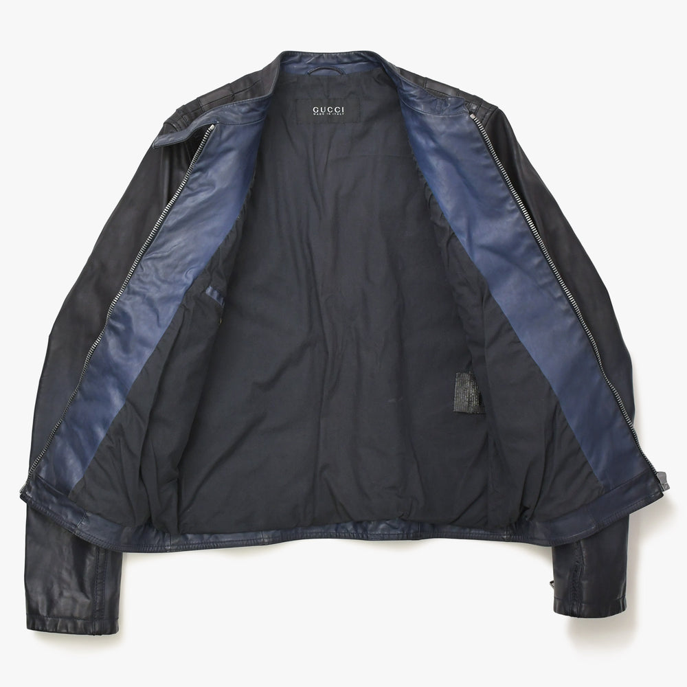 極美品 GUCCI グッチ シングルライダースジャケット スタンド 切替デザイン イタリア製 レザー ブラック シルバー金具 サイズ46 中古 4a006740