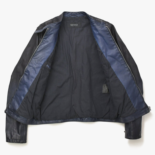 極美品 GUCCI グッチ シングルライダースジャケット スタンド 切替デザイン イタリア製 レザー ブラック シルバー金具 サイズ46 中古 4a006740