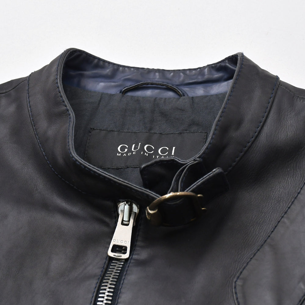 極美品 GUCCI グッチ シングルライダースジャケット スタンド 切替デザイン イタリア製 レザー ブラック シルバー金具 サイズ46 中古 4a006740