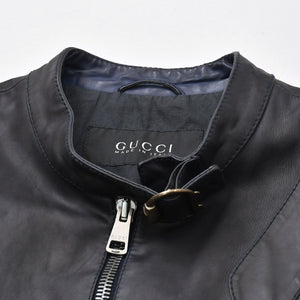 極美品 GUCCI グッチ シングルライダースジャケット スタンド 切替デザイン イタリア製 レザー ブラック シルバー金具 サイズ46 中古 4a006740