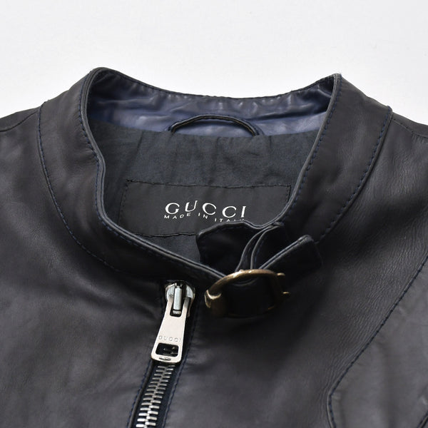 極美品 GUCCI グッチ シングルライダースジャケット スタンド 切替デザイン イタリア製 レザー ブラック シルバー金具 サイズ46 中古 4a006740
