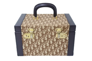 ChristianDior Vanity Trunk 30 Vintage Canvas Leather Beige Brown Gold Good Used 67483