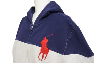 RALPH LAUREN ラルフローレン ジップアップパーカー スウェット フーディー ビッグポニー 刺繍 ネイビー グレー XL 美品 中古 67598