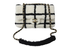 極美品 CHANEL シャネル チェーンショルダーバッグ ムートン AS2754 2021AW ボーダー ホワイト ブラック ゴールド金具 中古 67633