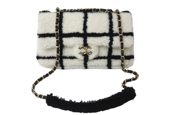 極美品 CHANEL シャネル チェーンショルダーバッグ ムートン AS2754 2021AW ボーダー ホワイト ブラック ゴールド金具 中古 67633