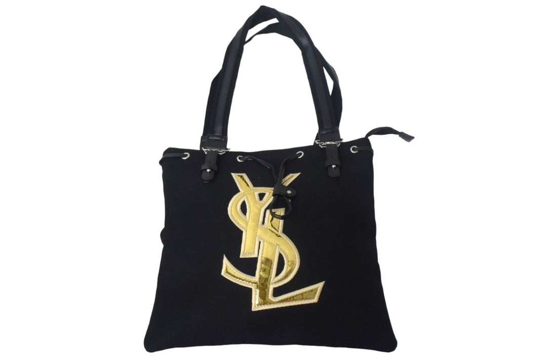 Yves Saint Laurent イブサンローラン ノベルティ トートバッグ キャンバス レザー ブラック ゴールド シルバー 美品 中古 67638