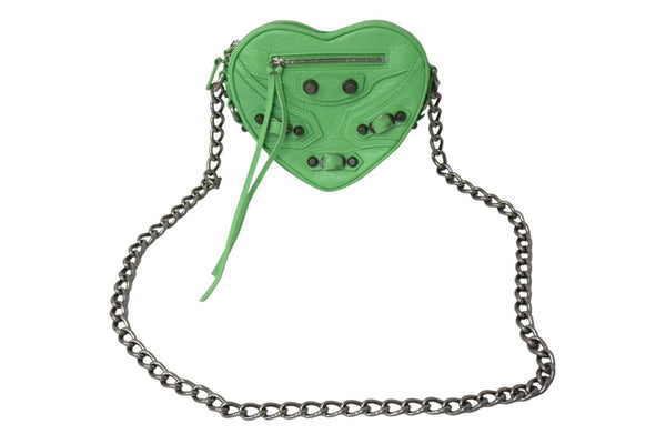 Very Good Condition BALENCIAGA Le Cagole Heart Shoulder Bag Leather Green Silver Used 4c067786