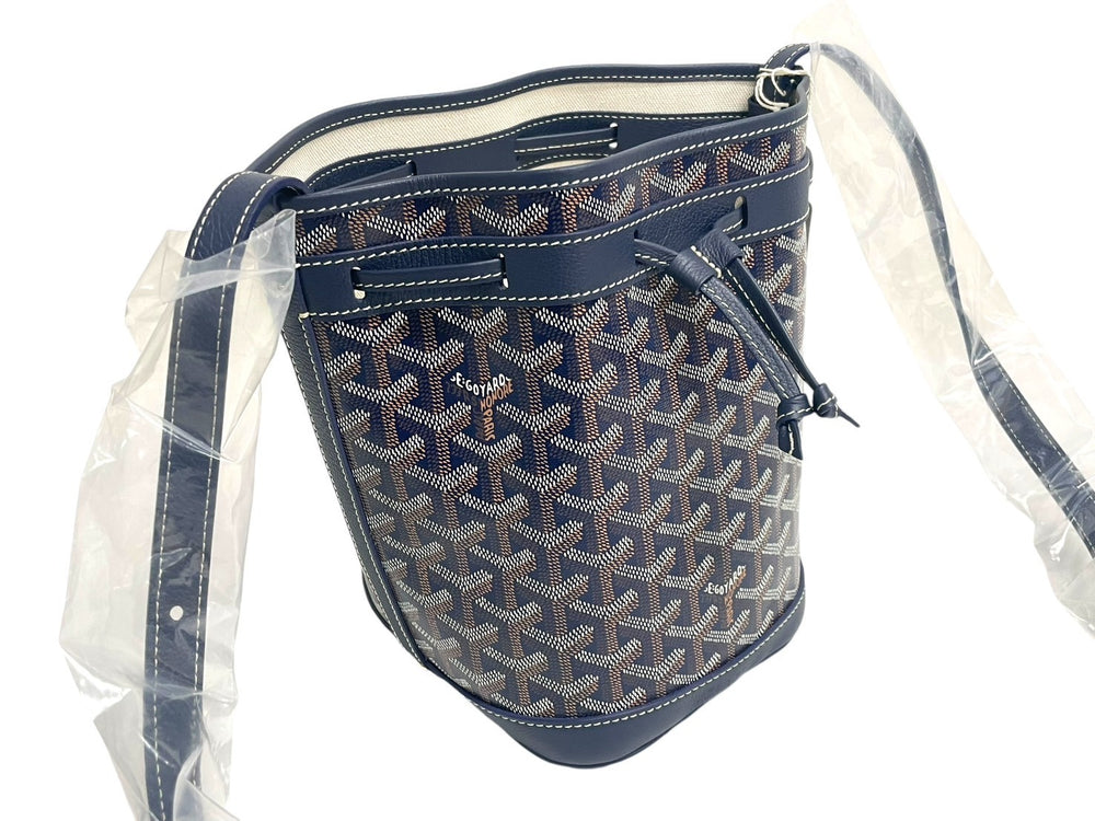 新品未使用 GOYARD ゴヤール プティフロ ショルダーバッグ バケットバッグ レザー コーティングキャンバス ネイビー 中古 4c067825