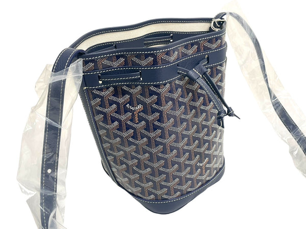 新品未使用 GOYARD ゴヤール プティフロ ショルダーバッグ バケットバッグ レザー コーティングキャンバス ネイビー 中古 4c067825