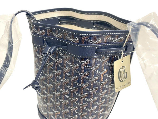新品未使用 GOYARD ゴヤール プティフロ ショルダーバッグ バケットバッグ レザー コーティングキャンバス ネイビー 中古 4c067825