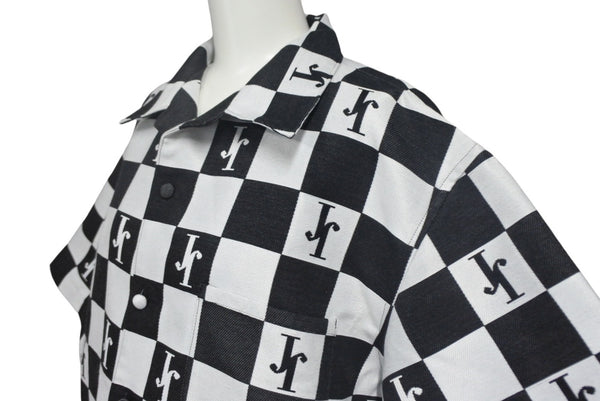 Very Good Condition JIRO Short Sleeve Jacket Size L Plaid Top Cotton Polyester Made in Japan Black White Used 4c067977