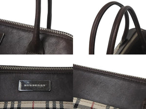 Burberry バーバリー ハンドバッグ ミニボストンバッグ ノバチェック柄 レザー キャンバス ベージュ ブラウン シルバー 美品 中古 4c068459