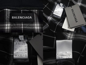 BALENCIAGA バレンシアガ ドッキング レイヤード デニム チェック 長袖シャツ ブルー ブラック カーキ コットン レーヨン 557356 サイズ37 中古 4c068556