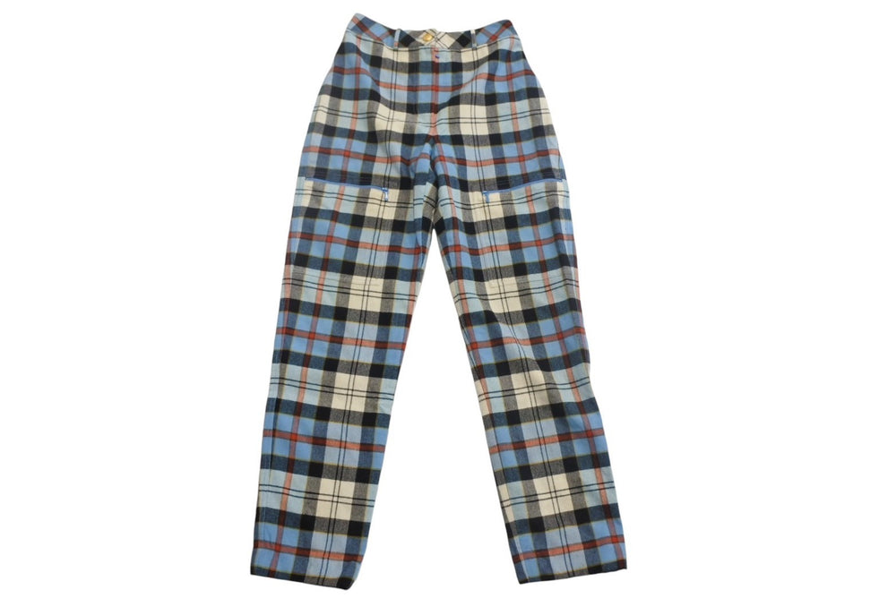 CHANEL Checked Pants Coco Button Made in France Wool Blue Red White Size 38 Good Condition Used 4c068571