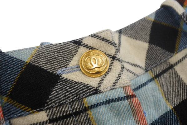 CHANEL シャネル チェックパンツ ココボタン フランス製 ウール ブルー レッド ホワイト サイズ38 美品 中古 4c068571