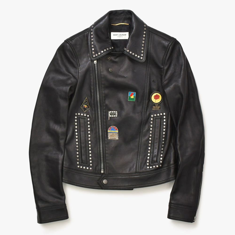 極美品 SAINT LAURENT PARIS サンローランパリ 18AW 530735 マルチピンバッジアンドスタッズ モーターサイクルレザージャケット サイズ34 中古 4a006861