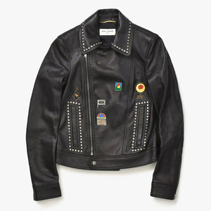 極美品 SAINT LAURENT PARIS サンローランパリ 18AW 530735 マルチピンバッジアンドスタッズ モーターサイクルレザージャケット サイズ34 中古 4a006861