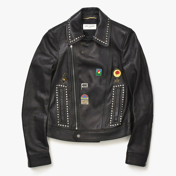 極美品 SAINT LAURENT PARIS サンローランパリ 18AW 530735 マルチピンバッジアンドスタッズ モーターサイクルレザージャケット サイズ34 中古 4a006861