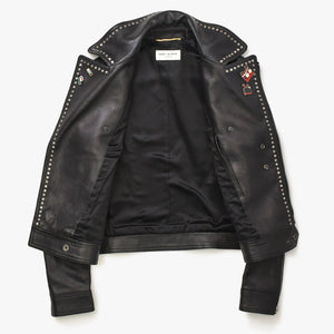 極美品 SAINT LAURENT PARIS サンローランパリ 18AW 530735 マルチピンバッジアンドスタッズ モーターサイクルレザージャケット サイズ34 中古 4a006861