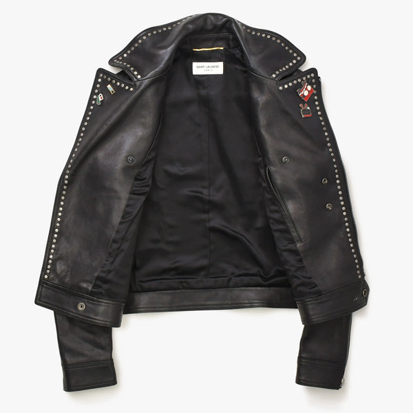極美品 SAINT LAURENT PARIS サンローランパリ 18AW 530735 マルチピンバッジアンドスタッズ モーターサイクルレザージャケット サイズ34 中古 4a006861