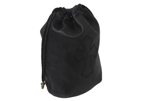 新品未使用 CHROME HEARTS クロムハーツ DRW STRNG SACK CRS PATCH クロスパッチ ドローストリング サックレザー 巾着 ハンドバッグ ブラック 中古 4c068699