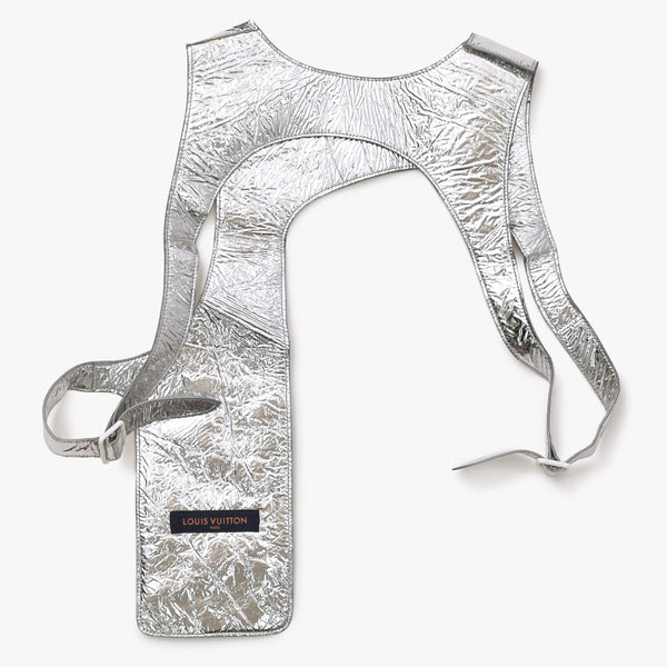極美品 LOUIS VUITTON ルイヴィトン ベスト ミッドレイヤー アシンメトリー レザーベスト トップス シルバー 中古 4a006875