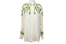 画像をギャラリービューアに読み込む, ESCADA エスカーダ シルクシャツ 長袖シャツ サイズ36 比翼 ハートモチーフ ベージュ グリーン イエロー シルク 良品 中古 4c068881