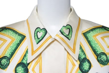 画像をギャラリービューアに読み込む, ESCADA エスカーダ シルクシャツ 長袖シャツ サイズ36 比翼 ハートモチーフ ベージュ グリーン イエロー シルク 良品 中古 4c068881
